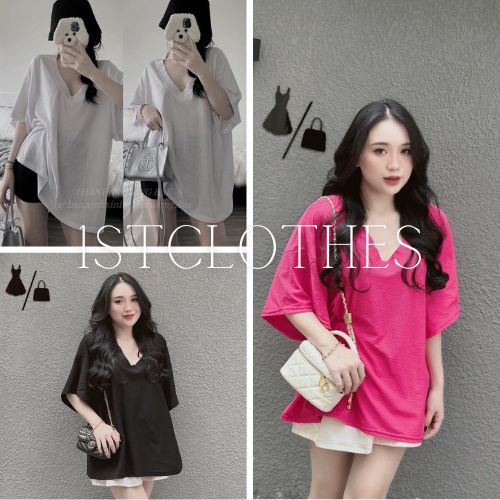 Áo thun nữ cổ tim trơn basic tay lỡ Áo phông cotton dáng rộng trẻ trung 1STCLOTHES