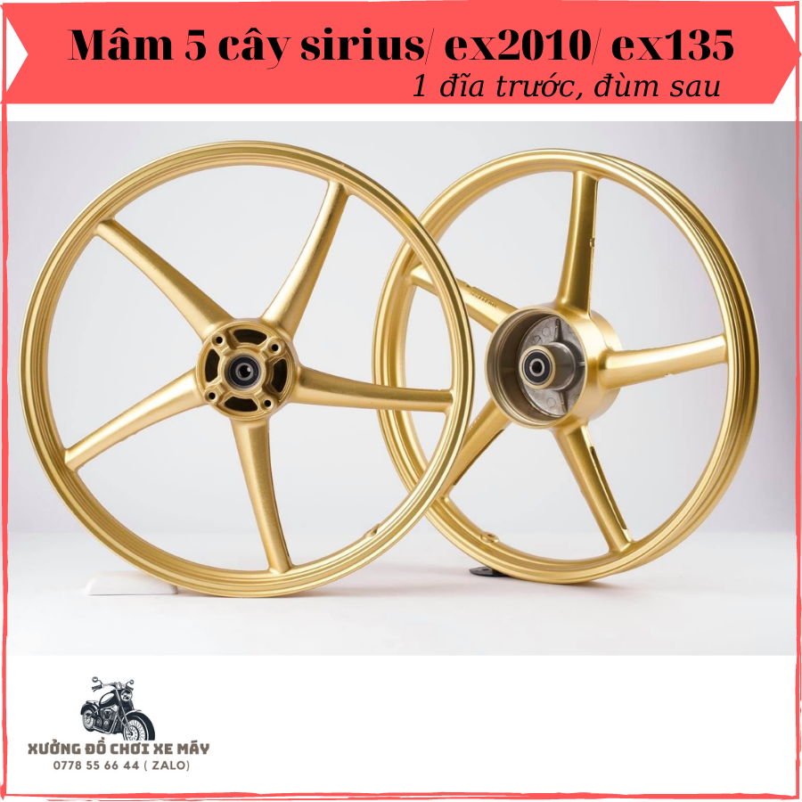 Mâm, vành đúc 5 cây kiểu RCB cho ex135/2010/Sirius bảng 1 đĩa trước, 1 đùm sau, bảng 1.4-1.6