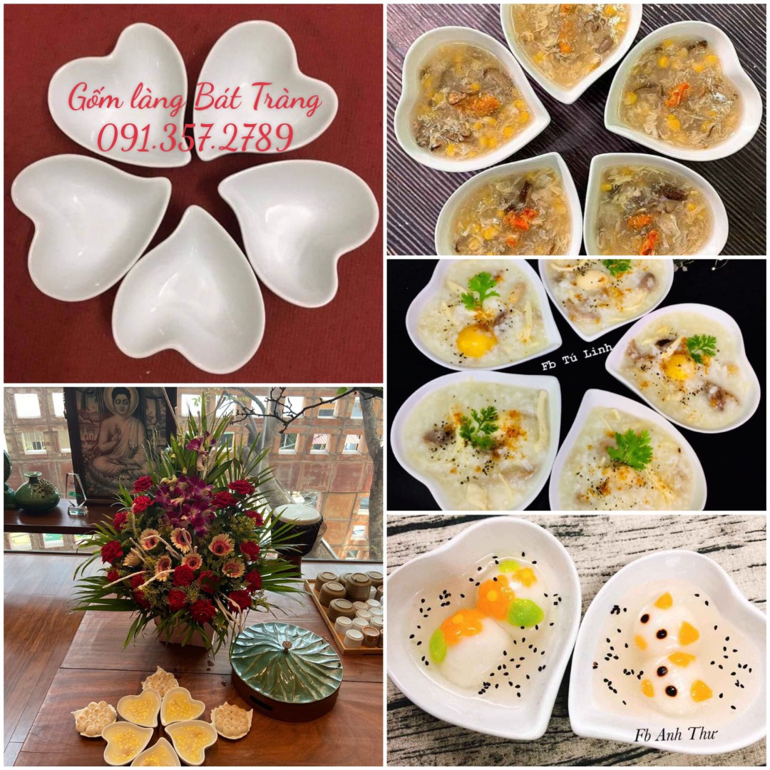 Set 5 bát tim trắng gốm sứ Hiền Anh Bát Tràng