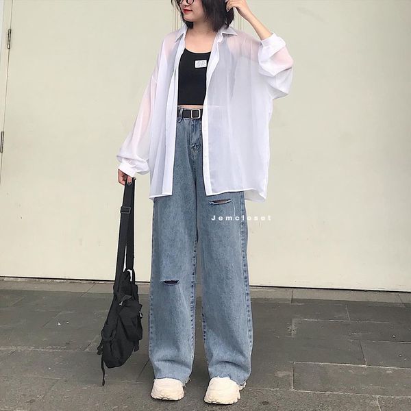 Áo sơ mi nữ lưới dài tay jem closet áo sơ mi nữ form rộng ding 2 màu đen trắng chất mỏng nhẹ khoác ngoài cực xinh 1251