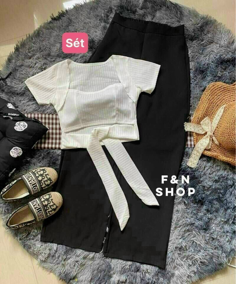 Sét Bộ Quần Ống Rộng & Áo Kiểu Cột Nơ Chất Thun Gân Có Mút HOTTREND