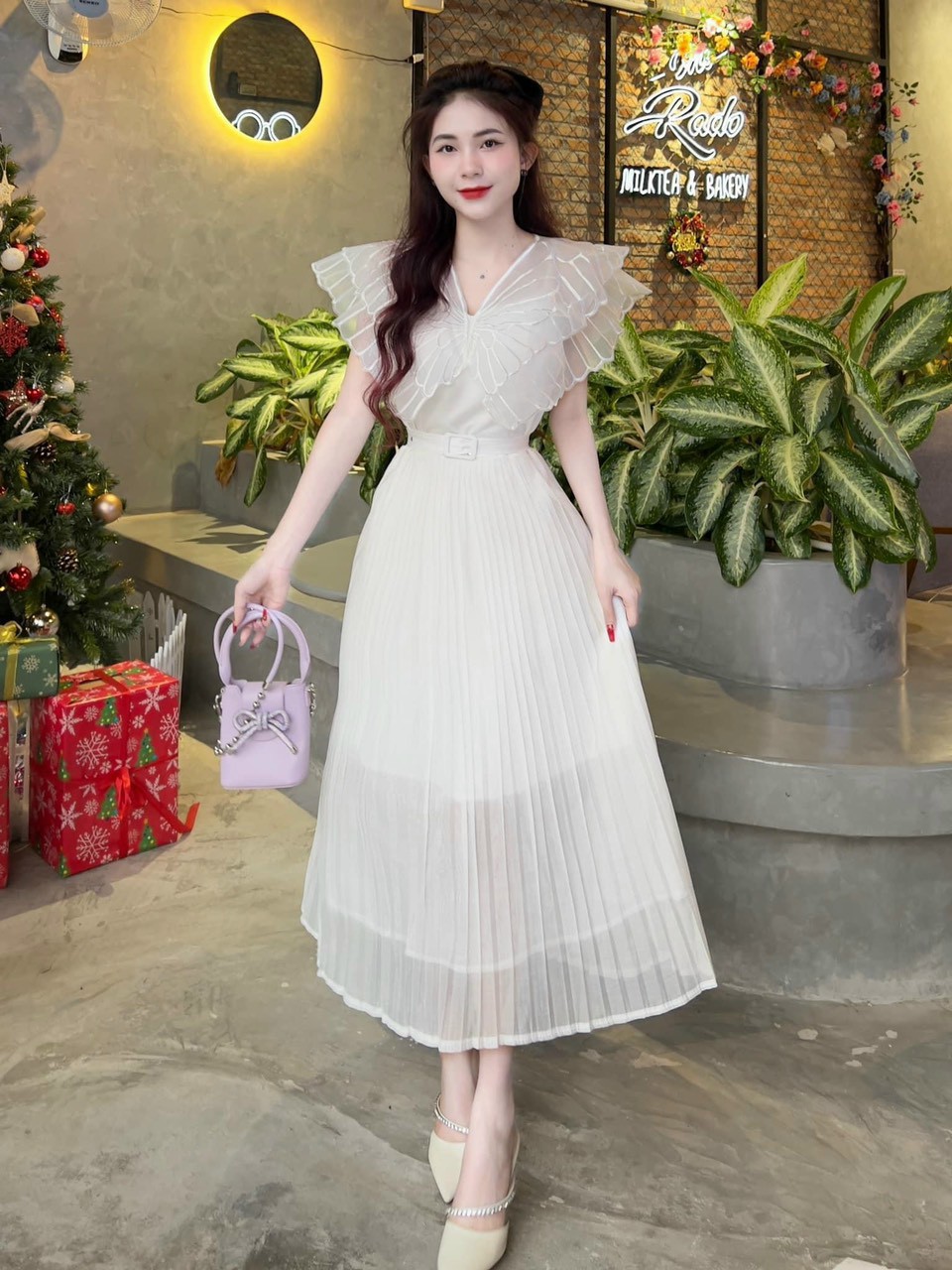 Đầm váy dự tiệc cotton lạnh phối voan dập ly kèm lá cổ thêu trẻ trung sang trọng