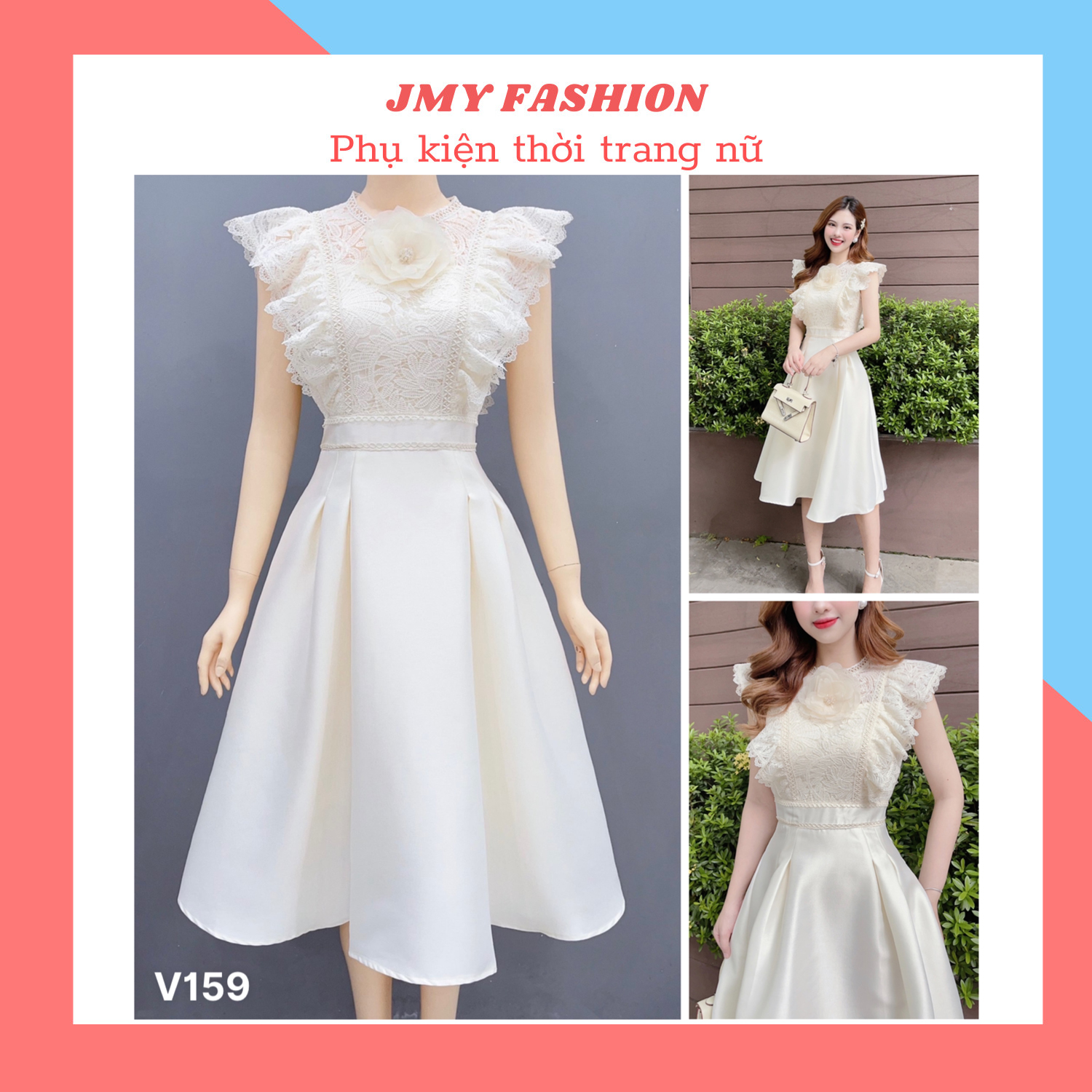 V159 Váy ren phối Tafta tặng kèm hoa cài váy dáng xoè sang chảnh - TH Hà Thanh