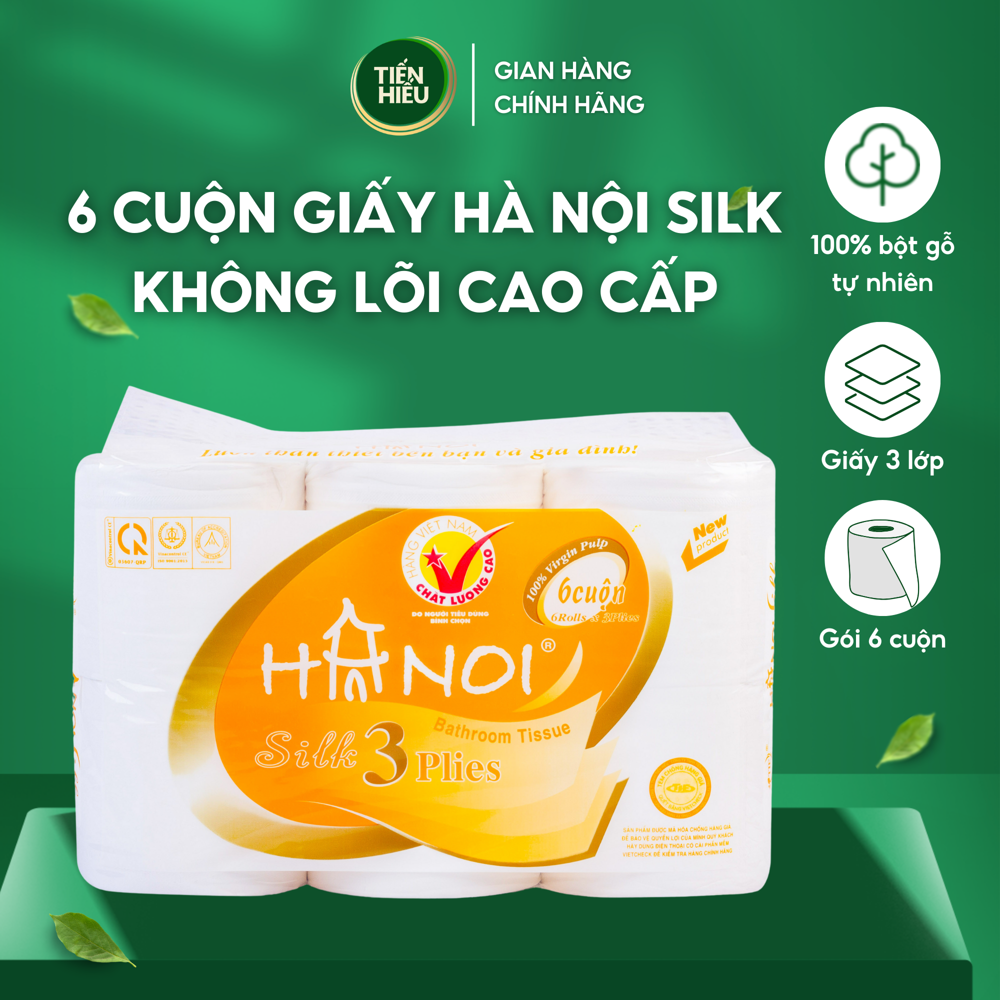 Giấy Vệ Sinh Hà Nội Silk 3 Lớp 1.1kg 6 Cuộn Không Lõi Mềm Mịn Tan Nhanh Trong Nước