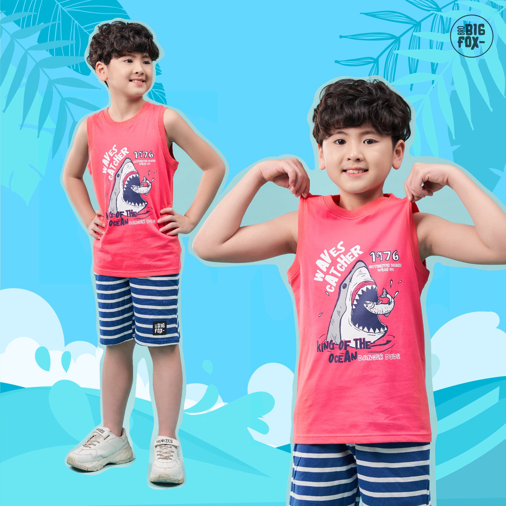 Áo bé trai BIGFOX - MISS MEOW size đại, áo ba lỗ cho bé in cá mập chất cotton phong cách Âu Mỹ 10 - 38 kg QATE