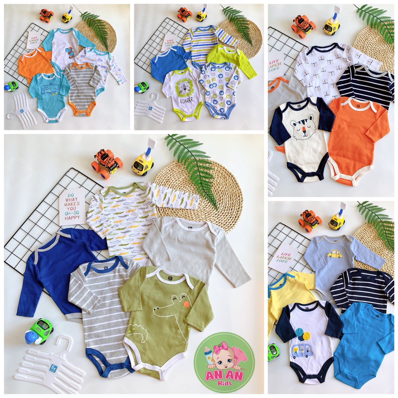 Set 5 bộ body chip bodysuit xuất dư beliti dài tay thu đông siêu đáng yêu cho bé sơ sinh mẫu ngẫu nhiên