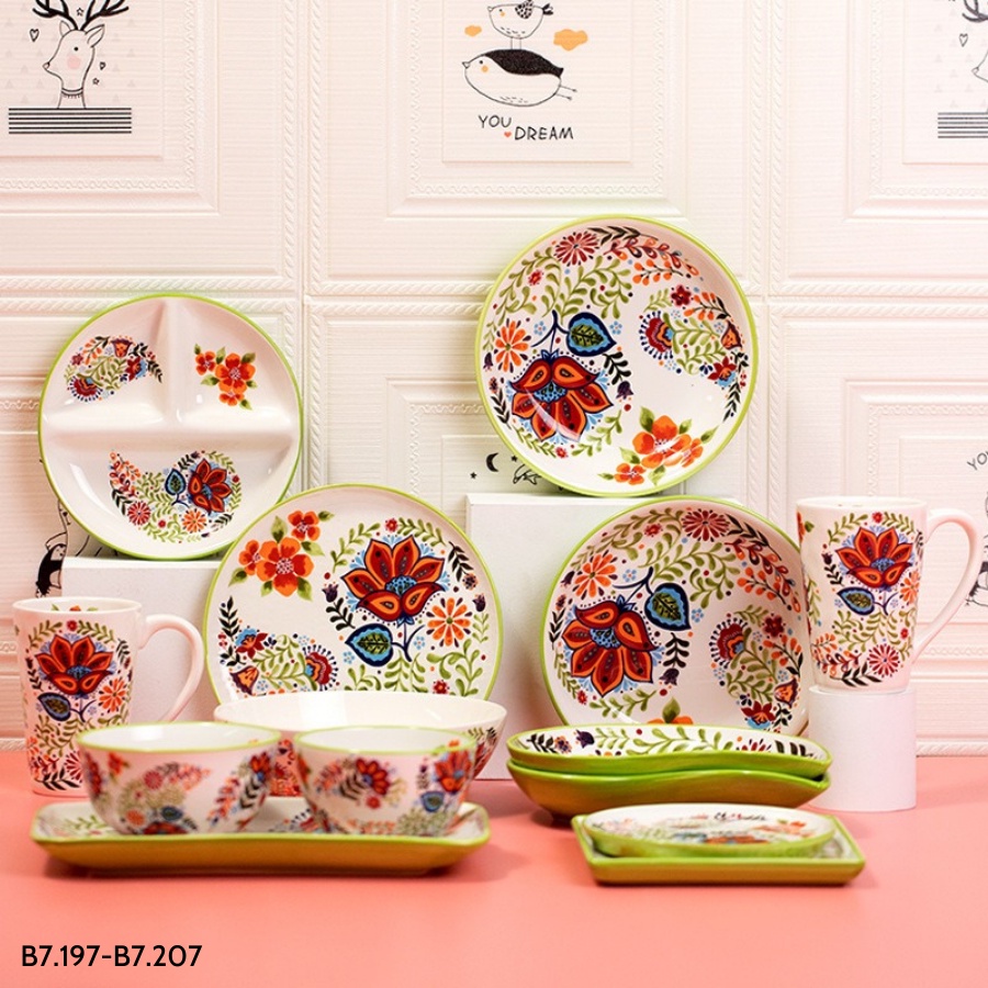Bộ bát đĩa lẻ Vườn Hoa Xanh Cốm cao cấp - phong cách Âu Mỹ - bộ đồ bàn ăn đẹp