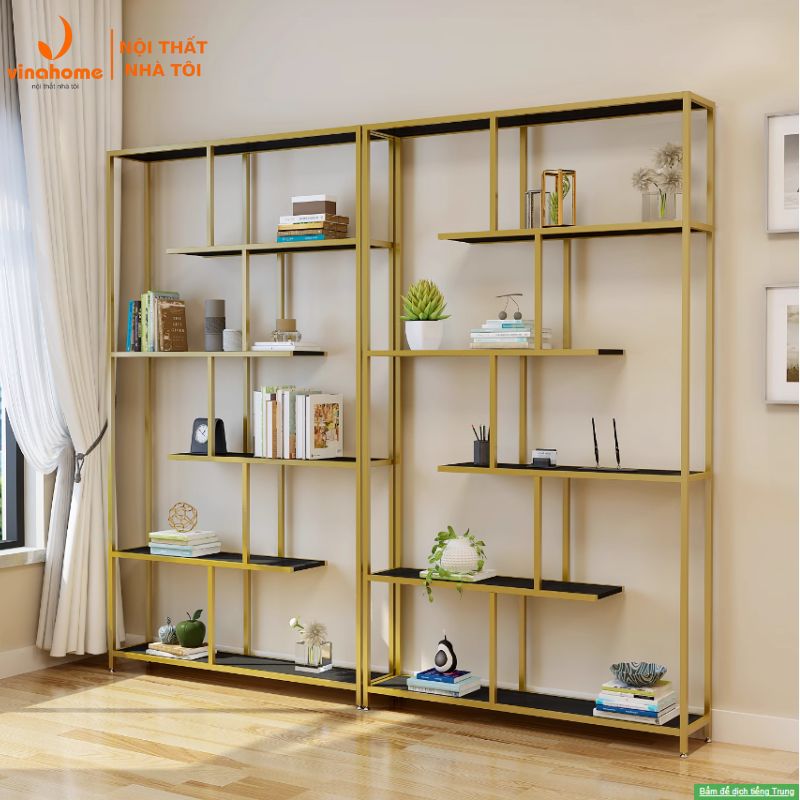 VNH-518 Kệ sách mặt gỗ khung sắt dùng để trang trí, trưng bày, decor,...phòng khách, phòng làm việc kiểu dáng sang trọng