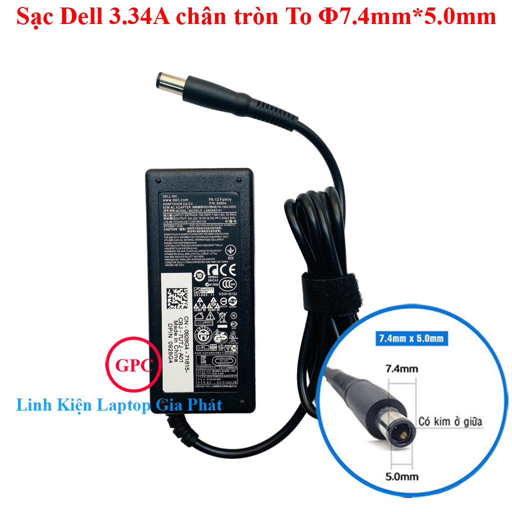 Sạc laptop dell 19.5v 3.34a chân kim to n4110 n4010 2421 2420 3450 4050 3521 đường kính đầu sạc 7.4mm