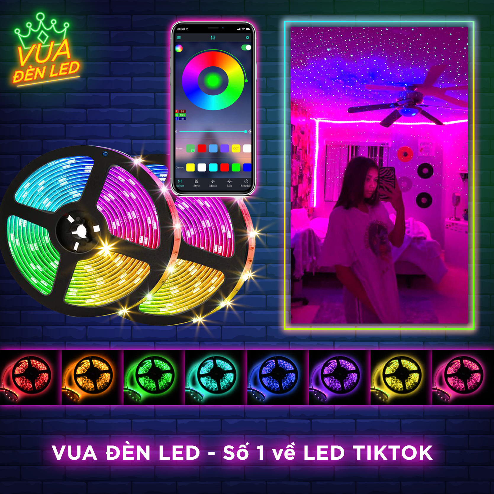 【Có sẵn】 Cuộn dây led 3m 5m RGB 16 triệu màu VUA ĐÈN LED điều khiển bằng điện thoại, nháy theo nhạc, đèn led tiktok đổi màu