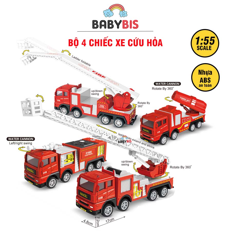 Bộ 4 xe cứu hỏa nhiều loại 706-13 xe cứu hỏa thang nâng, thang trượt, vòi phun, vòi rồng | Babybis - đồ chơi trẻ em