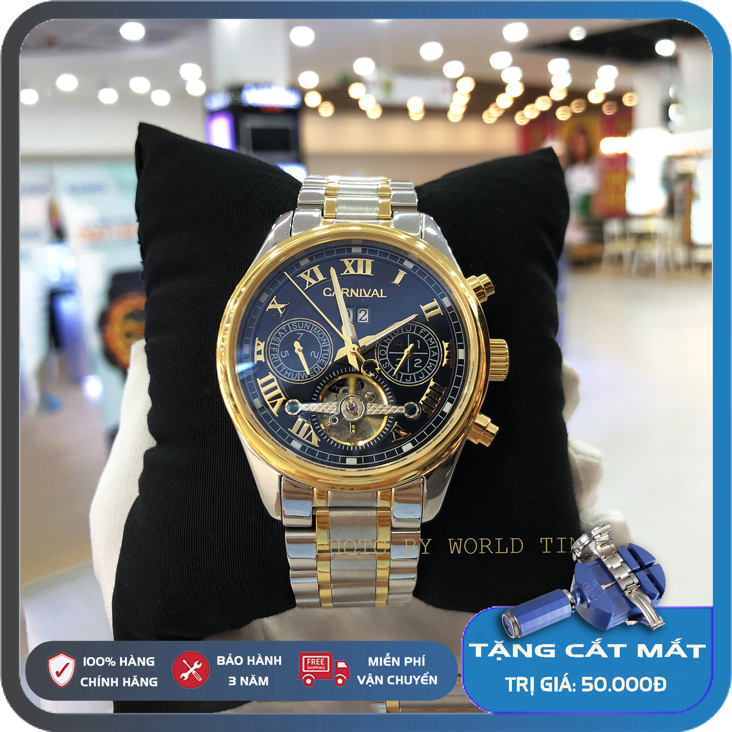 Đồng hồ nam Carnival 8728GB,đồng hồ cơ Full box, Thẻ Bảo Hành 03 năm toàn quốc, Kính Sapphire Chống Xước, Chống Nước Dây Thép không gỉ 316L