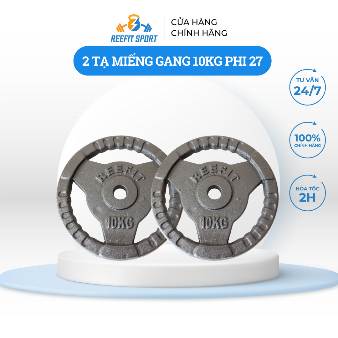 Bộ 2 Tạ miếng gang tạ bánh gang 3 lỗ Reefit màu đen 10kg (gồm 2 miếng)