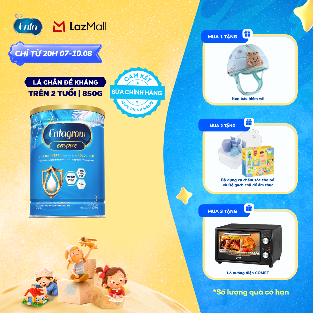 [CHỈ TỪ 13/08 MUA LÀ CÓ QUÀ] Sữa bột Enfagrow Enspire 3 850g hỗ trợ đề kháng với Lactoferrin dành cho trẻ từ 2-6 tuổi