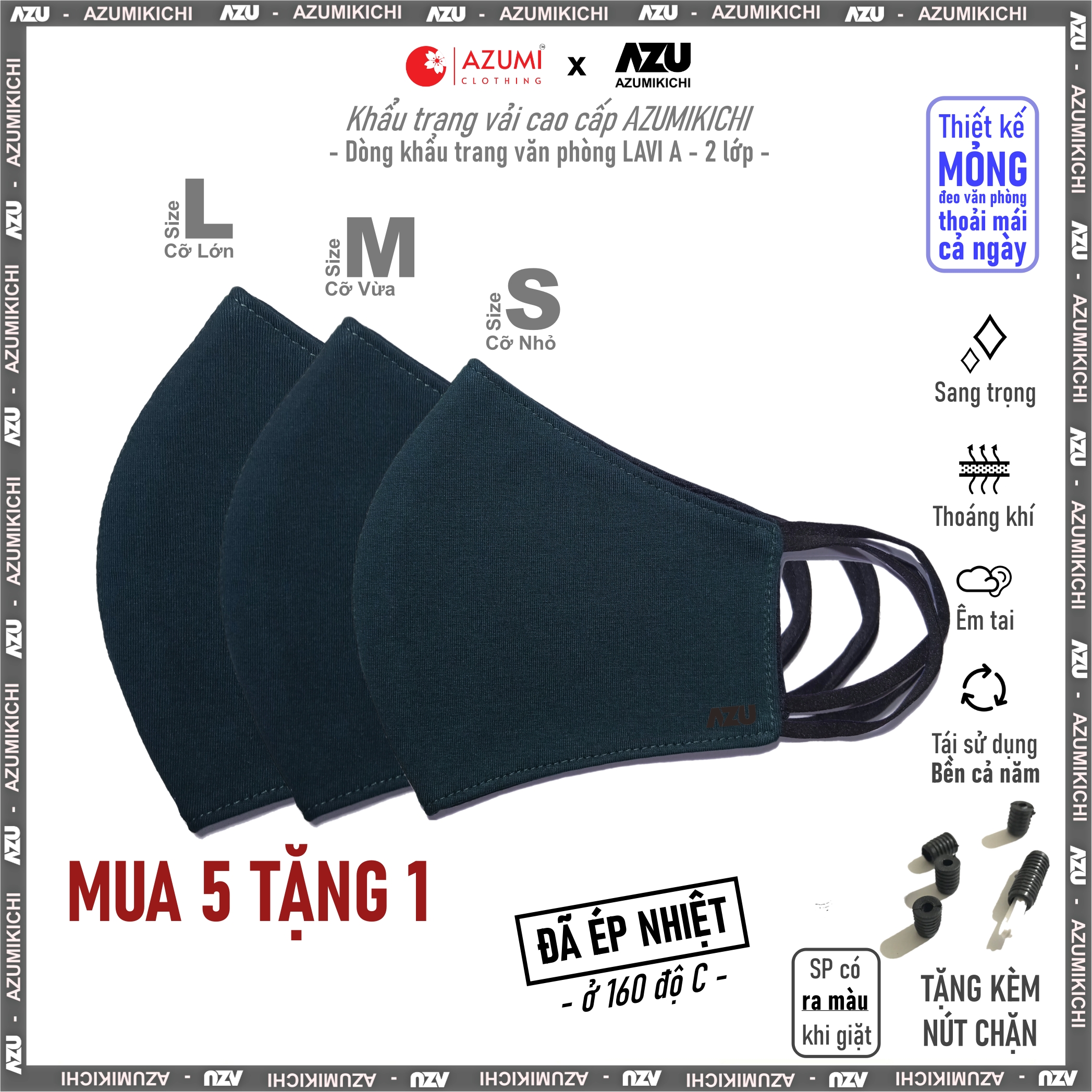 Khẩu trang vải mua 5 TẶNG 1, khau trang thời trang cao cấp, khẩu trang thoáng khí màu Xanh Đen Azumikichi - A3