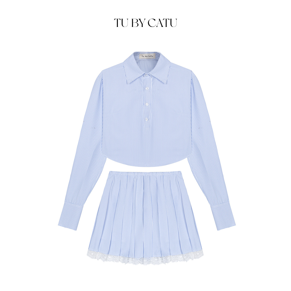 Tubycatu | set sơ mi croptop sọc xanh + short ly