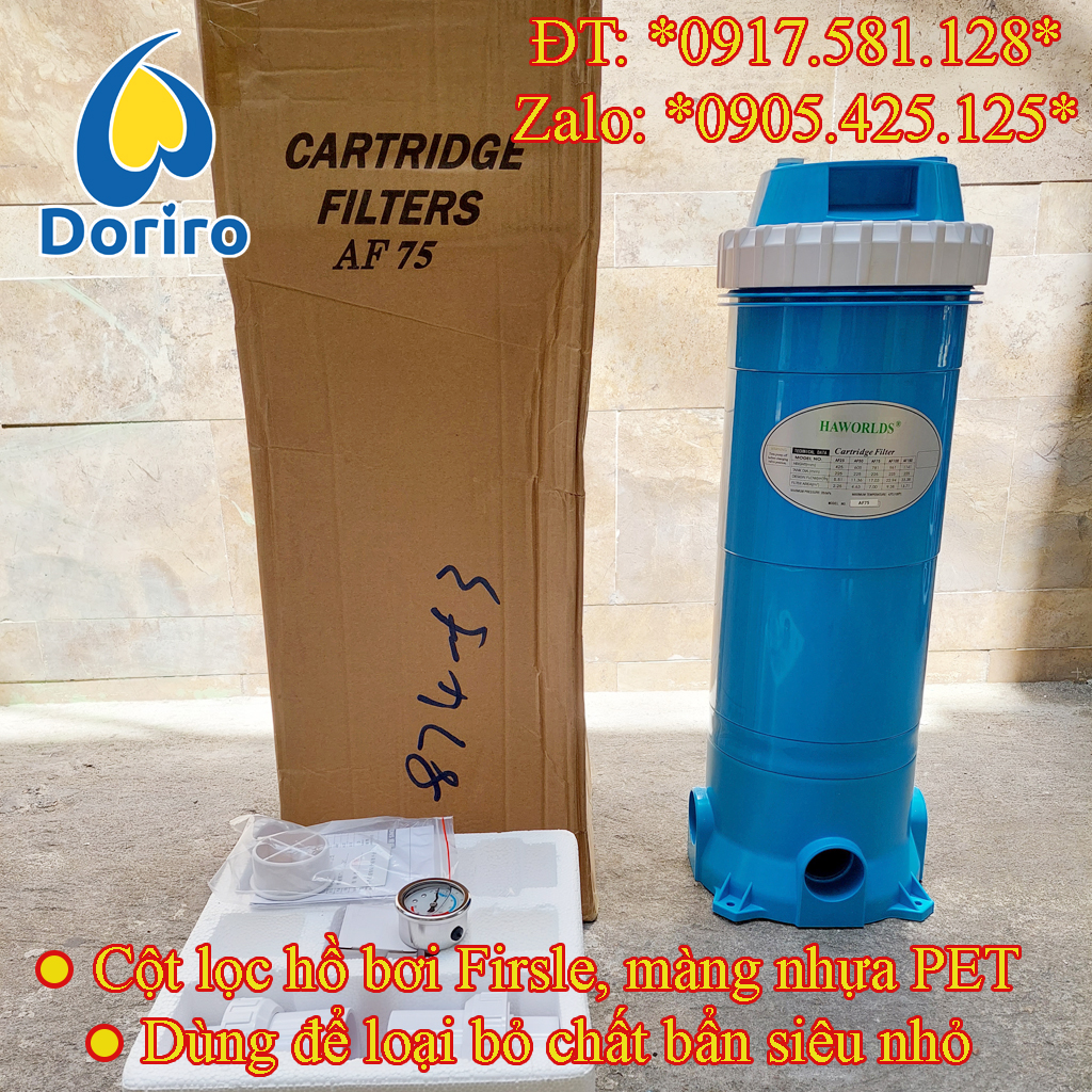 Cột lọc hồ bơi thương hiệu firsle, lõi lọc được làm bằng màng nhựa pet, dùng để lọc cận bẩn siêu nhỏ nước hồ bơi, mã hiệu af25 ; af50 ; af75 ; af100 ; af150 .