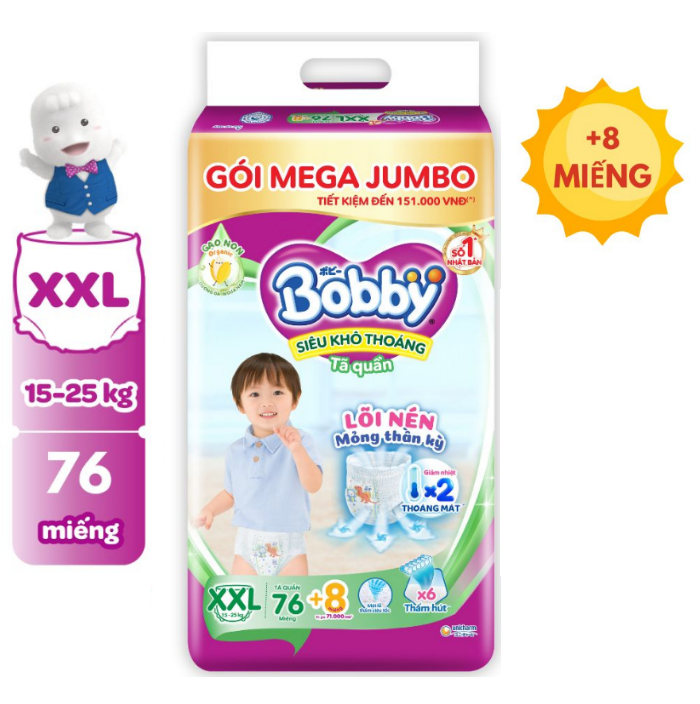 Tã quần bobby size l96 / xl84 / xxl76 siêu mỏng khô thoáng