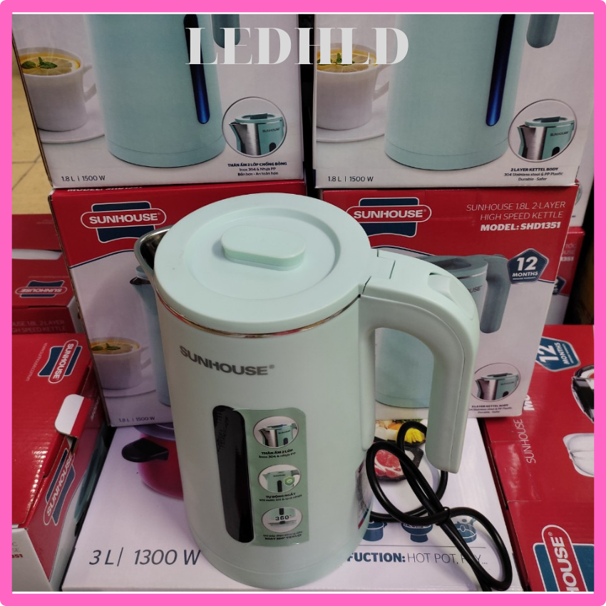 Ấm siêu tốc bình đun siêu tốc inox 2 lớp 1.8l SHD 1351 Sunhouse /hàng chính hãng