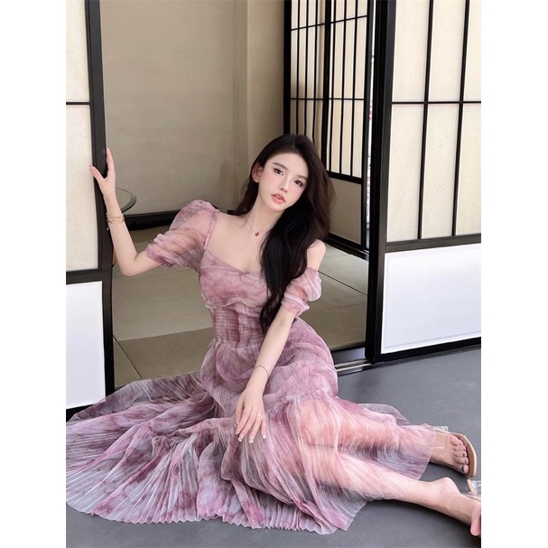 Đầm maxi dập ly voan loang, váy tay ngắn cổ tim có lót kèm mút - Maxi HQ store