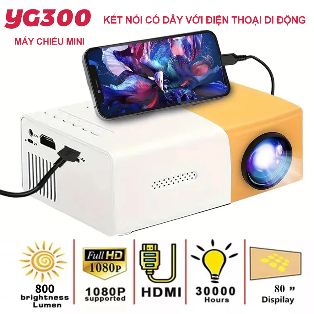Máy chiếu mini cầm tay HD LED KA-YG300 AV SD USB Tương thích 1080P HDMI Máy chiếu phát trực tuyến tại nhà Kết nối điện thoại/IPD/iphone/laptop/PC