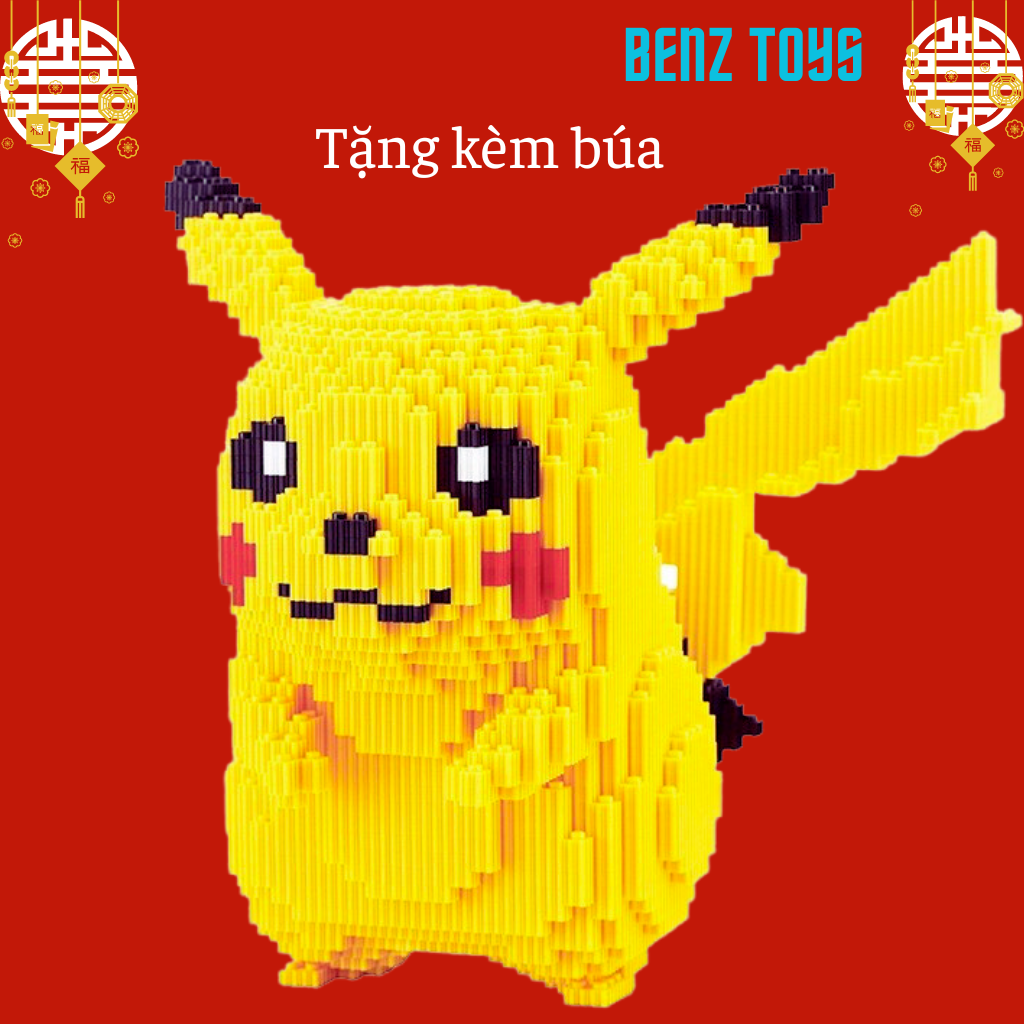 Mô hình lắp ráp pikachu, pikachu đầu lân, đồ chơi lắp ráp pikachu cỡ lớn có tặng kèm búa