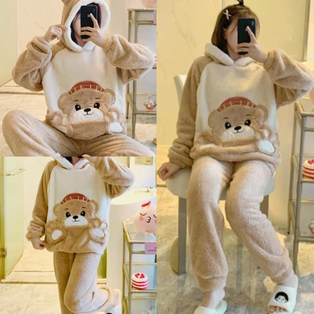 Bộ ngủ lông cừu nữ thêu gấu nâu trắng- Đồ bộ mặc nhà thu đông nữ chất lông ấm áp mũ tai gấu fom rộng ulzzang hàn quốc BESTHOME