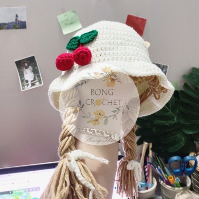 Mũ Len Bím Tóc Cherry (Mũ Trắng) Xinh Cho Bé Yêu ???