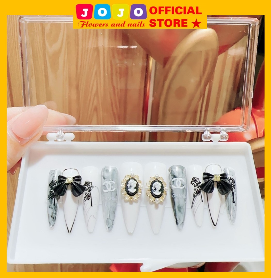 Set 24 móng giả,Nailbox thiết kế trắng đính đá,đính charm tiểu thư đẹp sang chảnh PP35