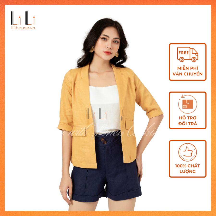 Set vest nữ 3 món áo khoác blazer tay lửng túi chìm phối quần short gập gấu kèm áo dây chất vải linen cao cấp - lili - thời trang linen