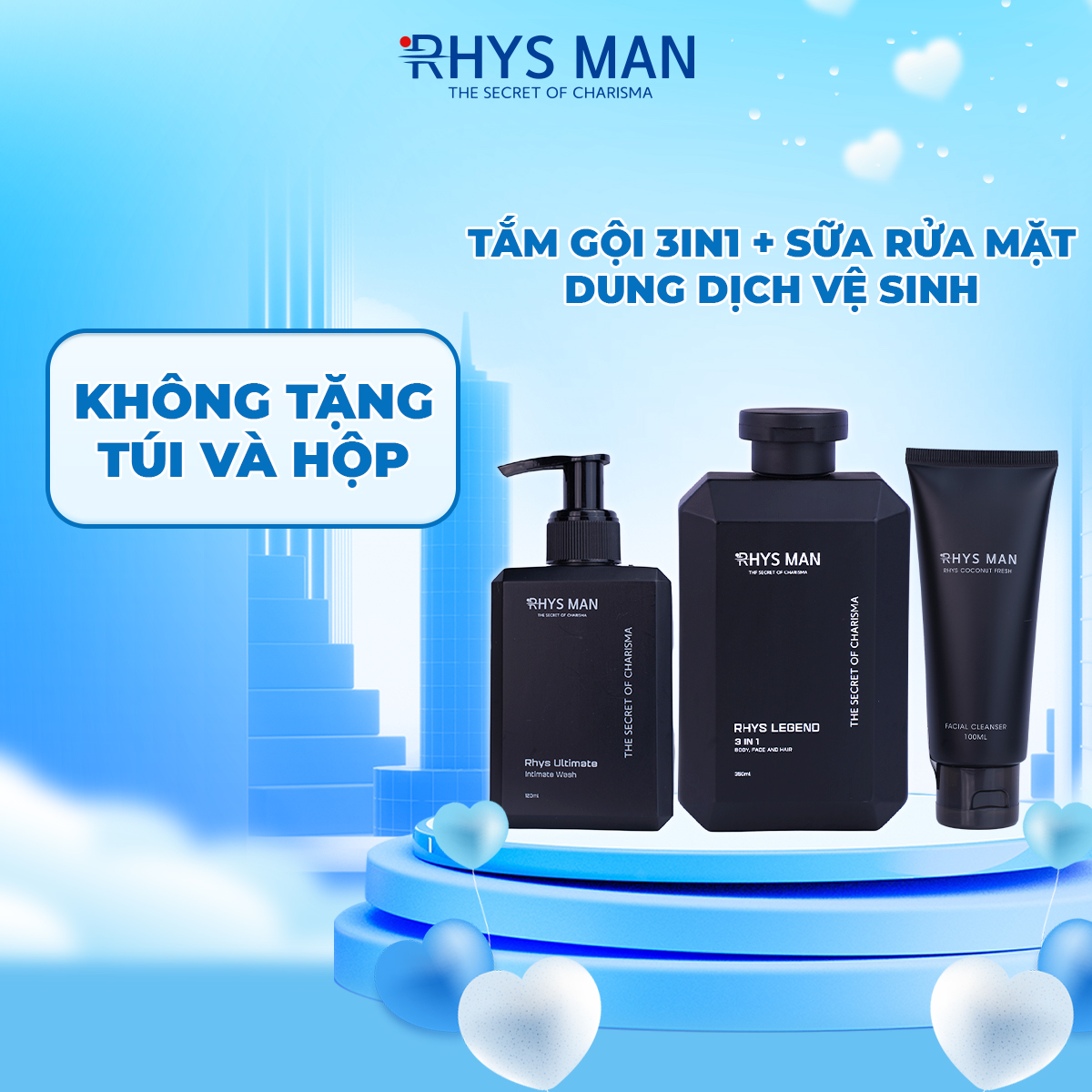 Sữa tắm gội nam 3in1 350 ml & Sữa rửa mặt nam 100ml & Dung dịch vệ sinh nam 120ml RHYSMAN -3 Chai lẻ