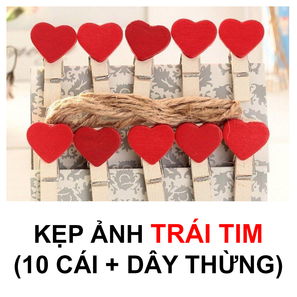 Kẹp Ảnh Hình trái tim 1 sét 10 cái - kèm 1,2m dây thừng