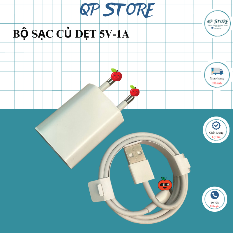 Bộ củ cáp sạc điện thoại, bộ sạc củ dẹt dùng cho các dòng máy 5v-1,2a - qp store