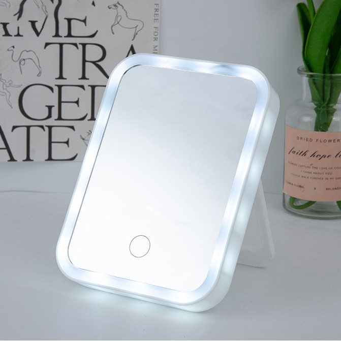 Gương để bàn đèn LED, Gương trang điểm hình chữ nhật cảm ứng 3 chế độ màu