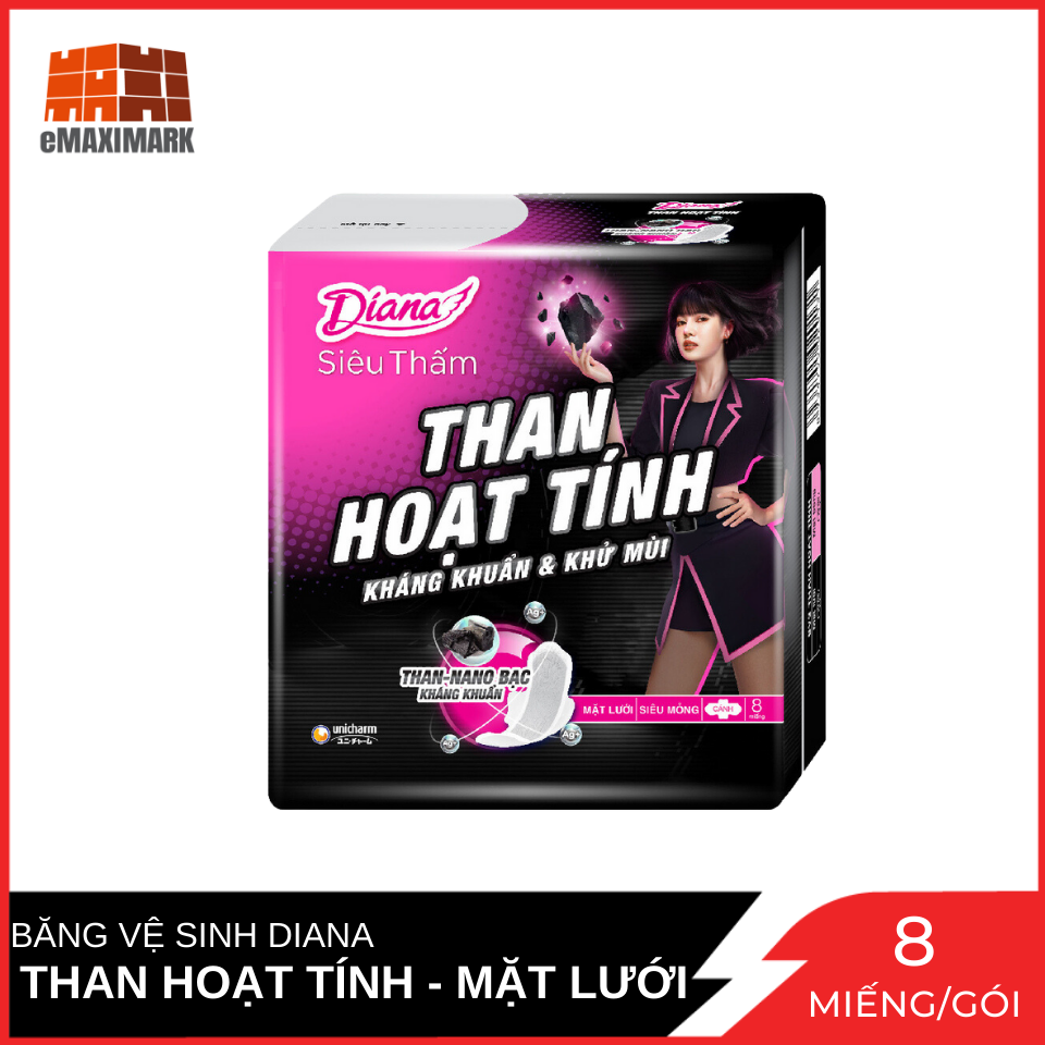 Băng Vệ Sinh Diana Sensi Than Hoạt Tính Mặt Lưới Siêu Thấm Siêu Mỏng Cánh Bịch 8 Miếng