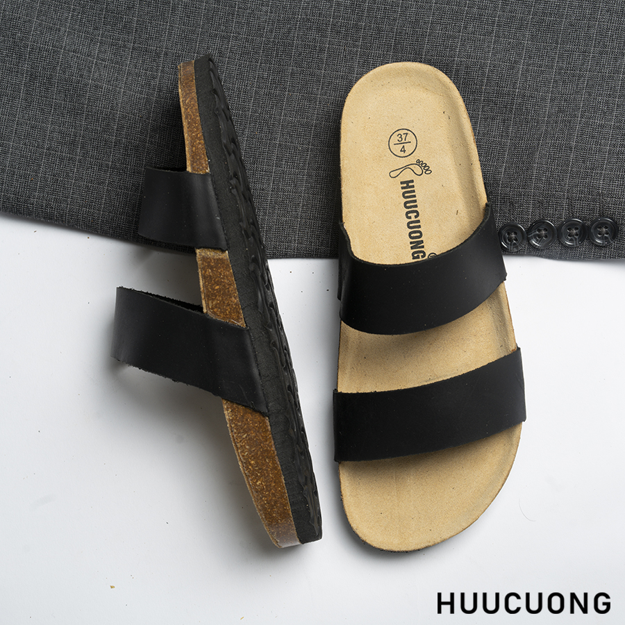 Dép Sandal Nam Nữ - 2191 - Dép 2 Quai Ngang Da Bò Thật Màu Đen Đế Trấu Unisex [Đi Nước Thoải Mái] Thoáng Mát Nhẹ Êm Chân