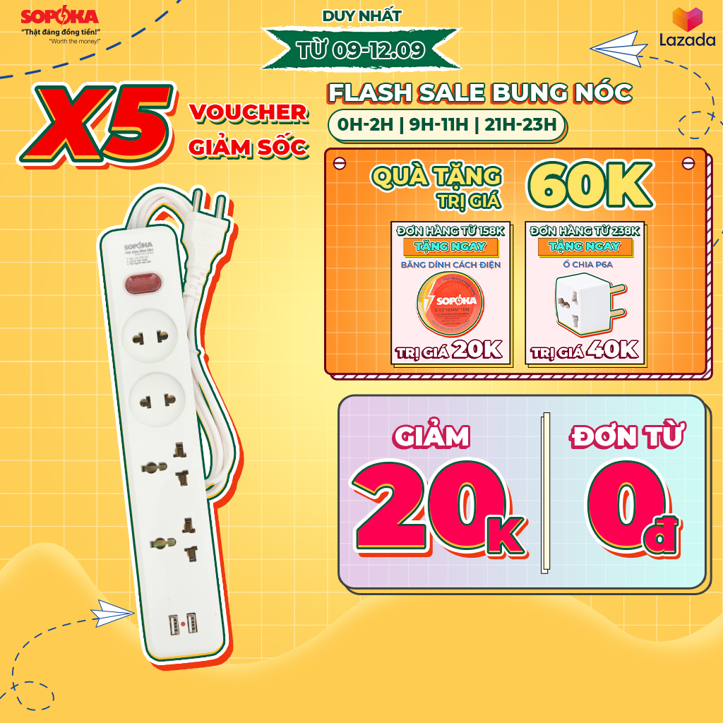 Ổ cắm liền dây chịu tải 1200W 2200W SOPOKA 4U1 4U2 dây 2,5M-4,5M