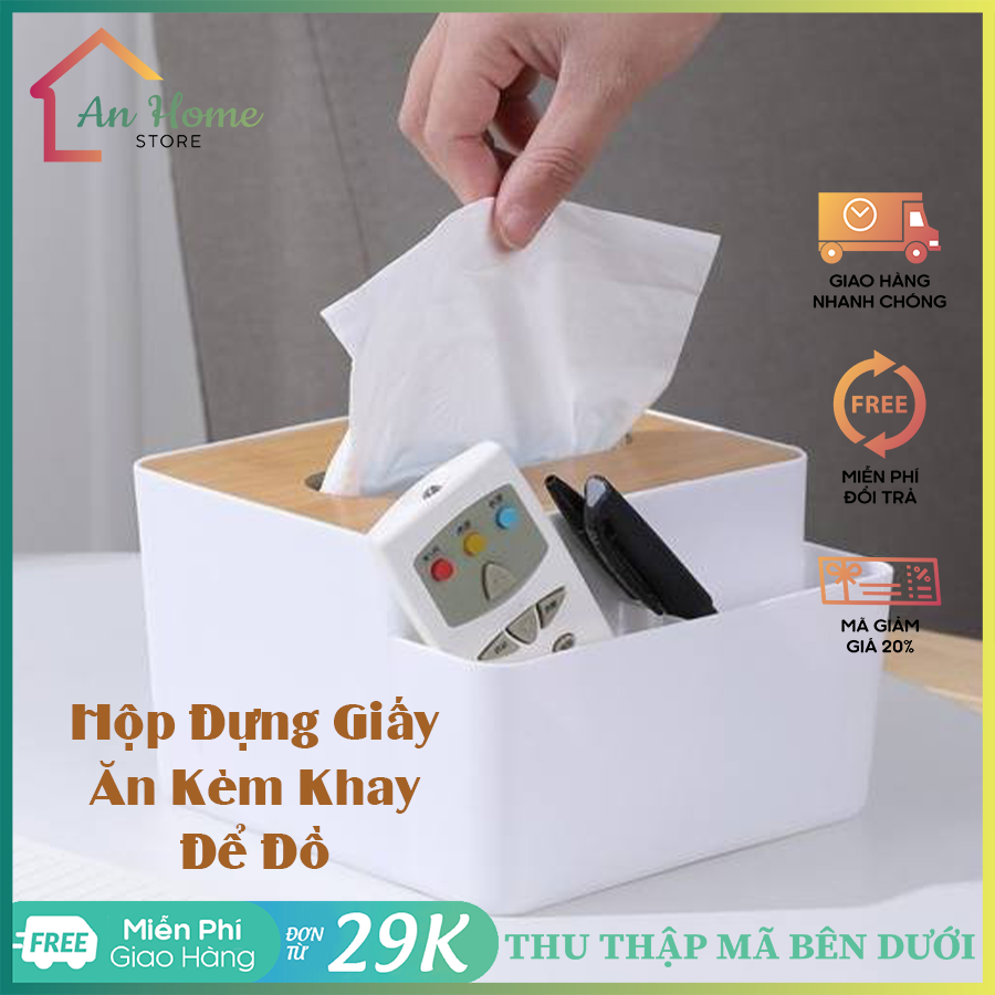 Hộp đựng giấy ăn để bàn nắp gỗ, có ngăn để đồ đa năng anhome- hộp khăn giấy nắp gỗ kèm khay để đồ tiện dụng