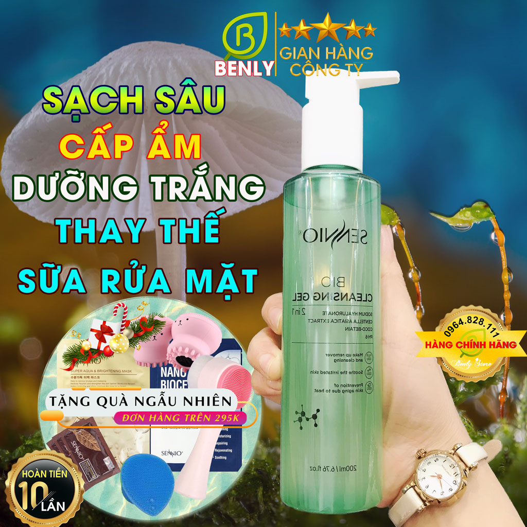 Nước tẩy trang không cồn sạch sâu có thể thay thế sữa rửa mặt, gel tẩy trang dưỡng ẩm da khô, thu nhỏ lỗ chân lông, hỗ trợ thải độc tố cho da dầu mụn và da nhạy cảm - Sennio Bio Gel Cleanser-200ml
