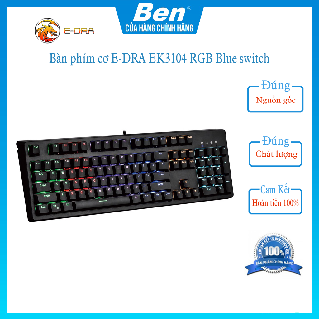 Bàn phím cơ gaming có dây e-dra ek3104 rgb blue switch version 2021- bảo hành chính hãng 12t - ben computer store