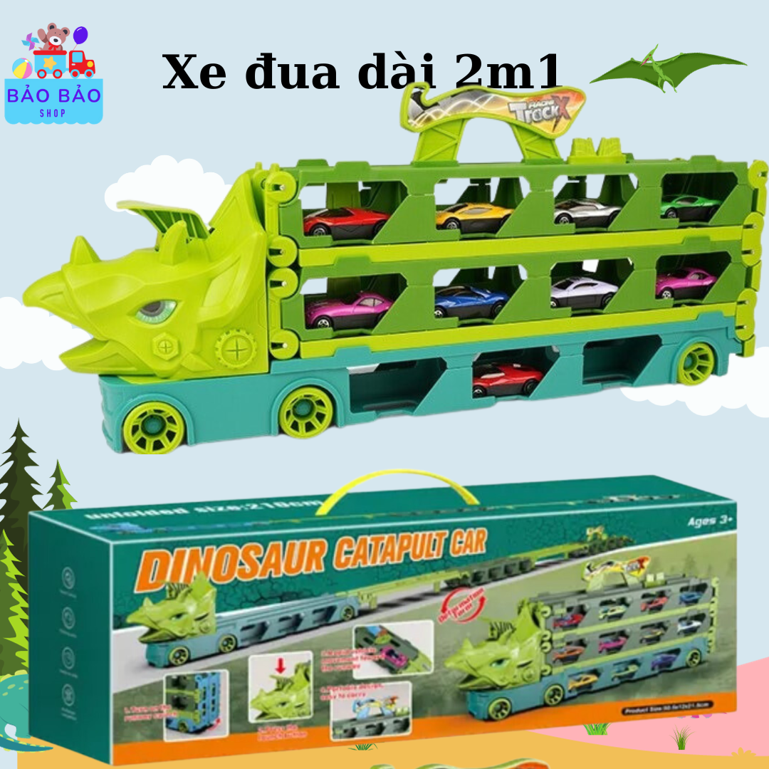Đồ chơi ô tô khủng long 3 tầng kéo dài thành đường đua ô tô kèm 8 xe đua kim loại