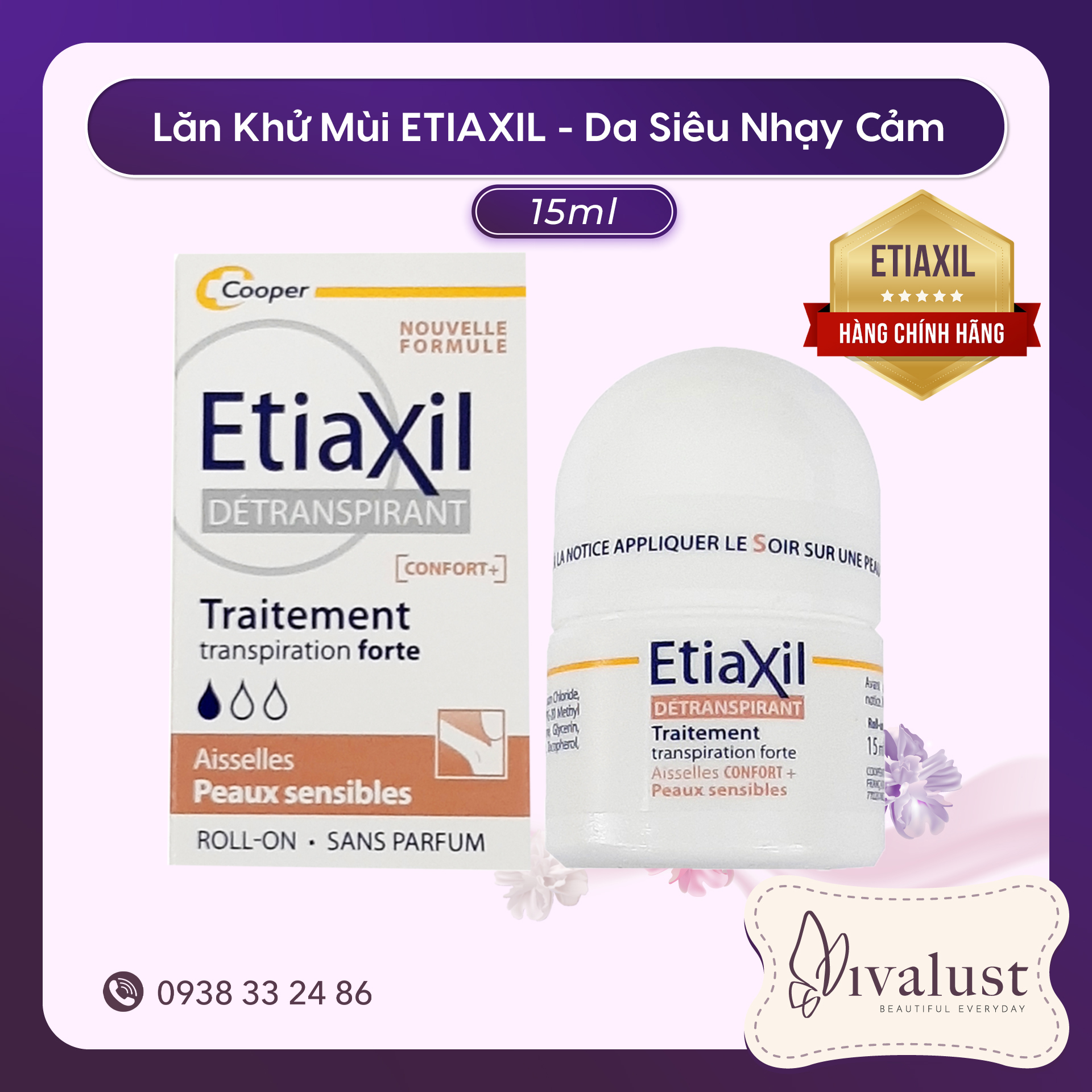 Lăn Khử Mùi ETIAXIL Détranspirant Traitement Confort+ Aisselles Peaux Sensibles 15ml (Dành cho da siêu nhạy cảm)