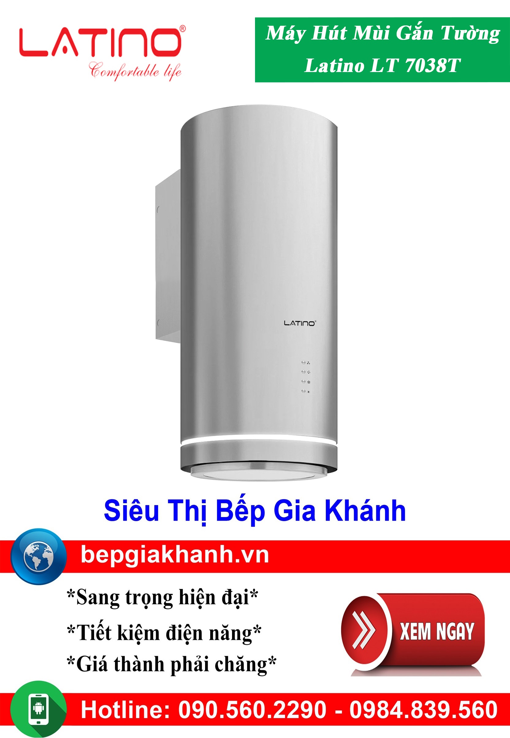 [HCM]Máy hút mùi gắn tường trụ tròn Latino LT 7038T, máy hút mùi nhà bếp, máy hút mùi bếp, máy hút mùi kính cong, máy hút mùi canzy, máy hút mùi mini, máy hút mùi âm trần, máy hút mùi electrolux, may hut mui