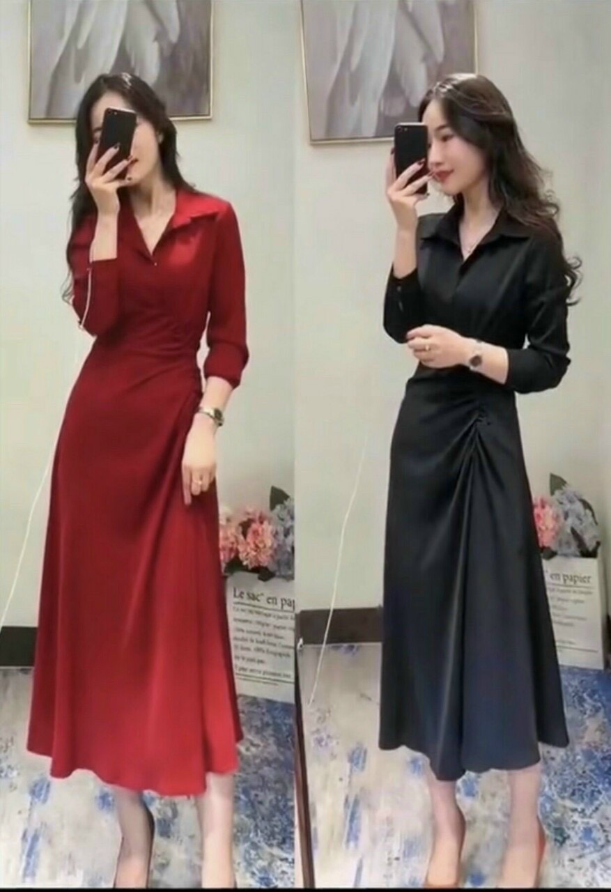 Đầm sơ mi dáng dài chất phi lụa màu đỏ đen hàng loại 1 cao cấp
