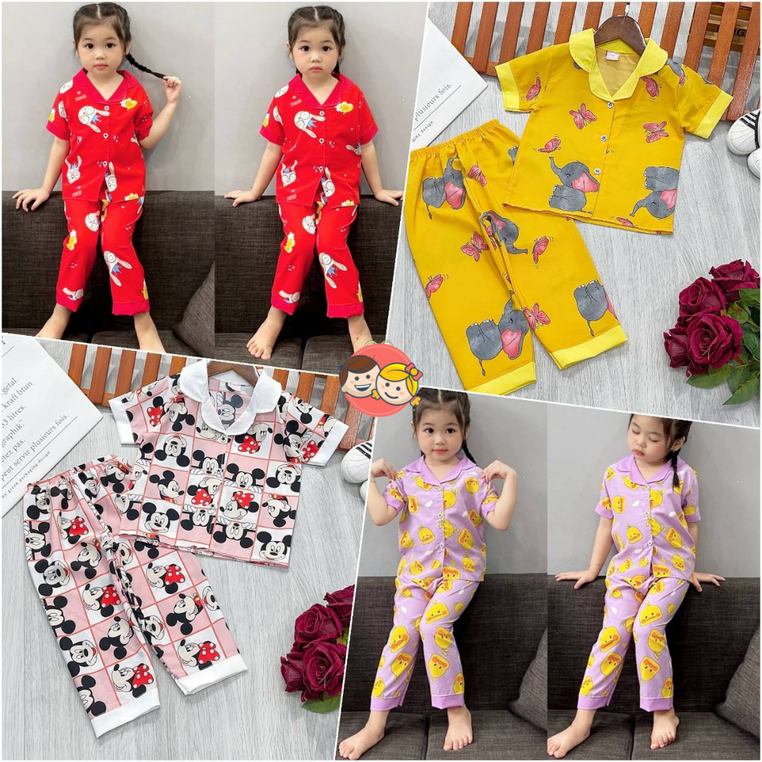 [HCM]Bộ Pizama Tay Ngắn Quần Dài Cho Bé Gái 10-22KG - Chất Liệu Kate Lụa Mềm Mịn Mặc Mát Thấm Hút Mồ Hôi