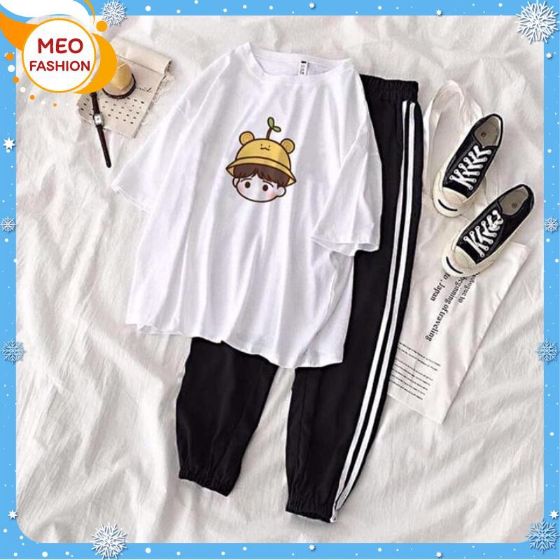 [HAN HAN SHOP 218] Sét Bộ Đồ Nữ Xinh Cute, Áo Thun Phông Cotton Organic Ngắn Tay Cổ Tròn In Khủng Long Xe Oto+Quần Thun Sọc Bo Gấu