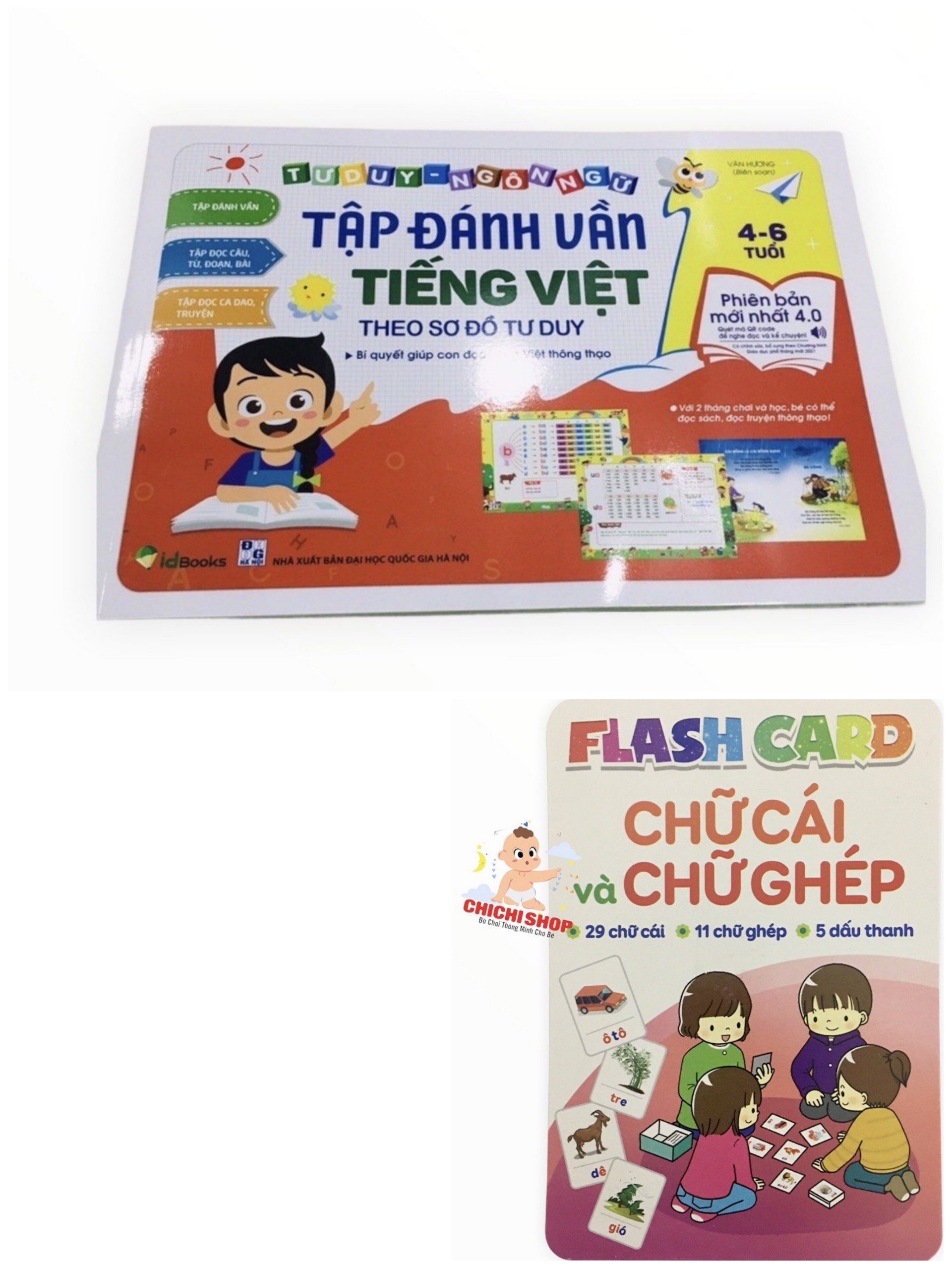 Combo tập đánh vần tiếng việt phiên bản mới 124 trang và thẻ flashcard chữ cái, chữ ghép