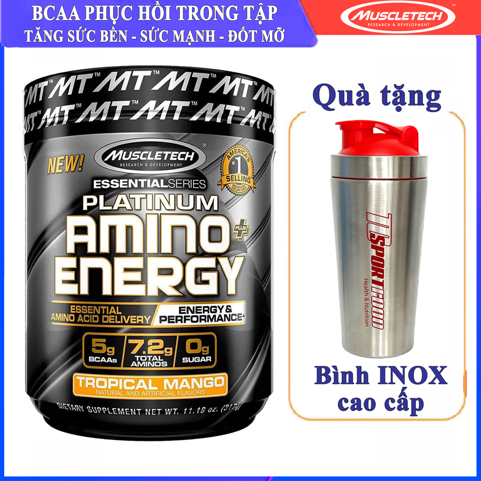 [HCM][FREE SHAKER INOX 750ML] BCAA Platinum Amino Plus Energy của Muscle Tech hộp 30 lần dùng hỗ trợ tăng cơ tăng sức bền sức mạnh đốt mỡ giảm cân mạnh mẽ phục hồi cơ nhanh chóng - thực phẩm bổ sung