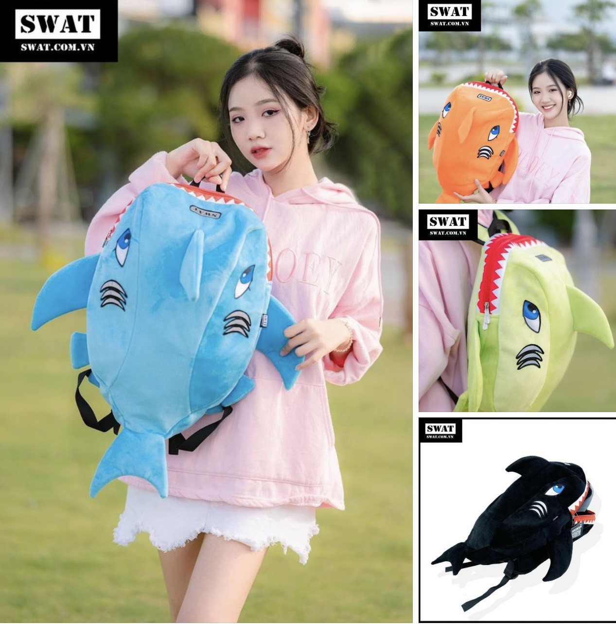 Balo cá mập khủng long baby shark vải nhung mịn nhiều màu