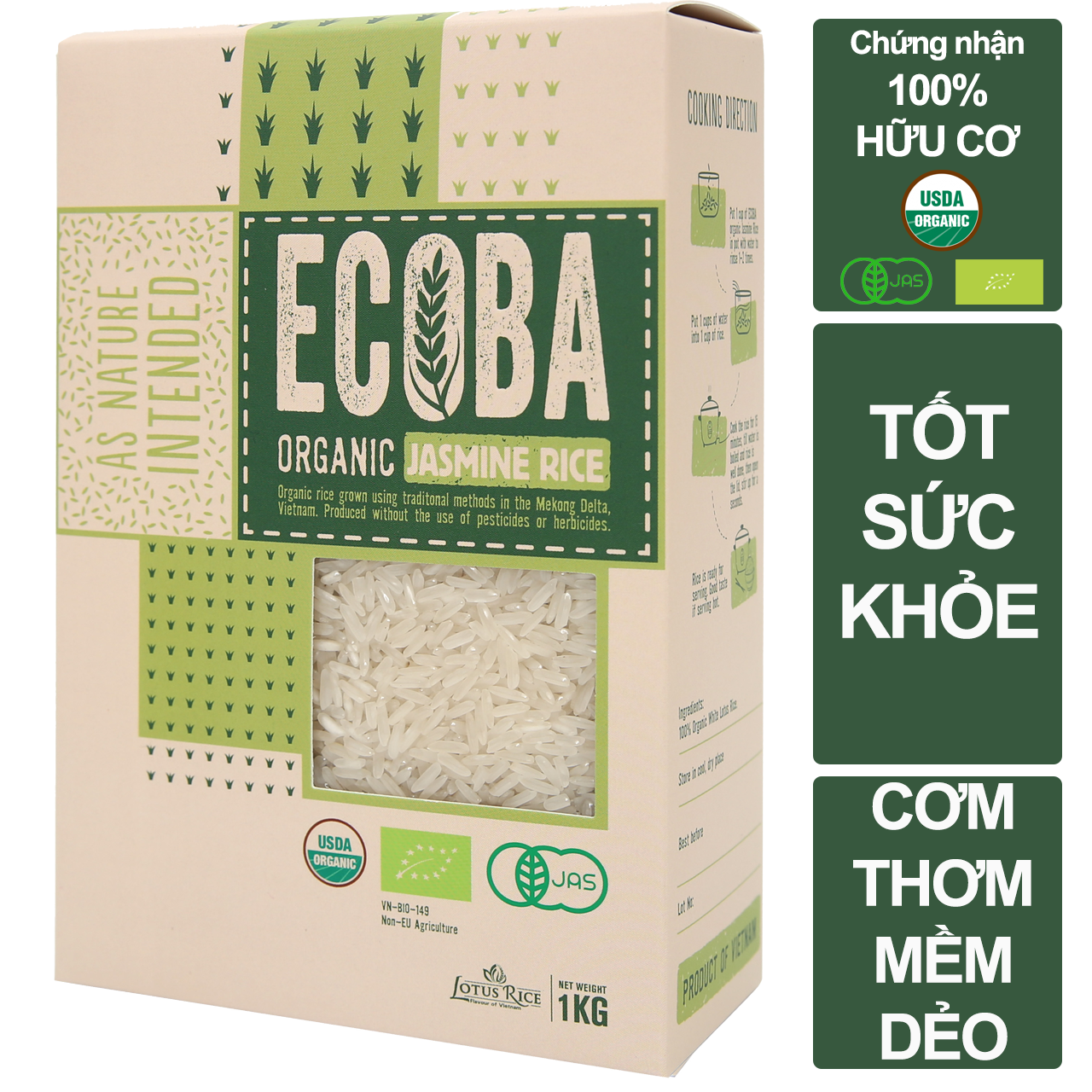 Gạo Thơm Lài 100% hữu cơ  - ECOBA Ngọc Mễ 1kg - Cơm ngon dẻo nhiều - Đạt chứng nhận hữu cơ quốc tế in trên hộp